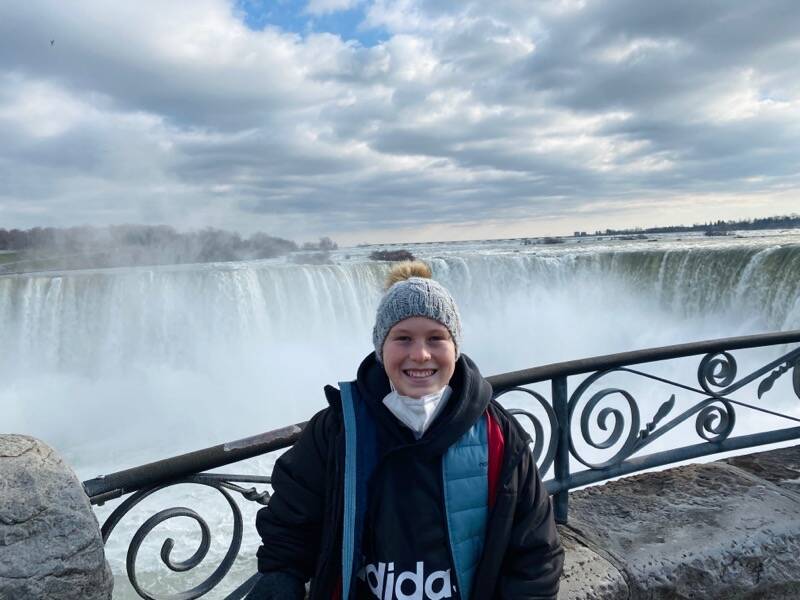IN THE LEAD: Knox Gibson went to Niagara Falls in Ontario with his mum, Kate Gibson during his first-time overseas to film for 'Forgive Us Our Trespasses' in Canada during November, 2020. Photo: KATE GIBSON.
