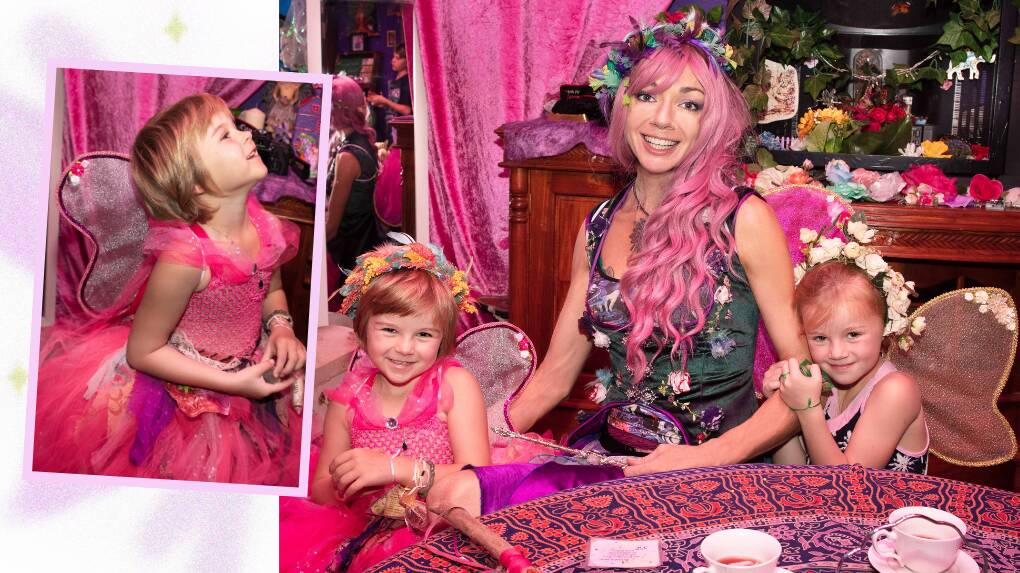 Six-year-old girl from Orange battling kidney cancer, Savannah, aka Manny, with Fairy Jenny Lane and Manny's sister, Audrey flew to The Magical Land for a real-life fairy adenture. Pictures supplied.