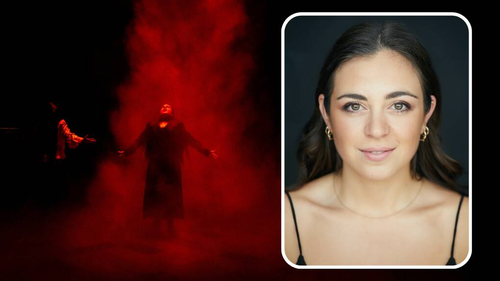 Former Kinross Wolaroi student, Orange's Eleni Cassimatis plays Witch; Donalbain; Macduff Son in Bell Shakespeare 2023 production. Background picture by Brett Boardman, inset picture by Sally Flegg Photography.