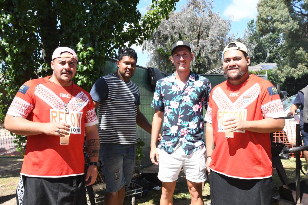 BOYS BACK TONGA: Malakai Talanoa, Ali Wollginn, Kobe Mansell and Chris Punivai supporting Tongan fundraiser for friends and relatives on Sunday. Photo: CARLA FREEDMAN.