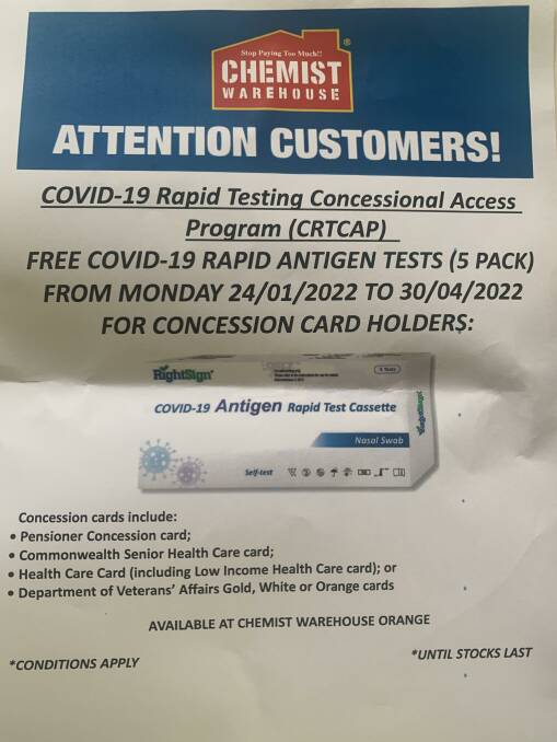 UNTIL WHEN THOUGH? Bigger chain pharmacies, such as Chemist Warehouse, are promoting the COVID-19 Rapid Testing Concessional Access Program (CRTCAP); but even this big-chain-flyer points out 'until stocks last'. Photo: SUPPLIED. 