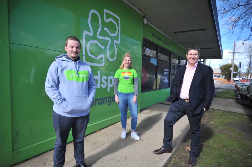 FORMER SUCCESS: Headspace manager, Max Fenton with Emma Gosper and Orange Credit Union's CEO, Andrew de Graaff in 2021 following $5000 OCU grant. Photo: JUDE KEOGH.