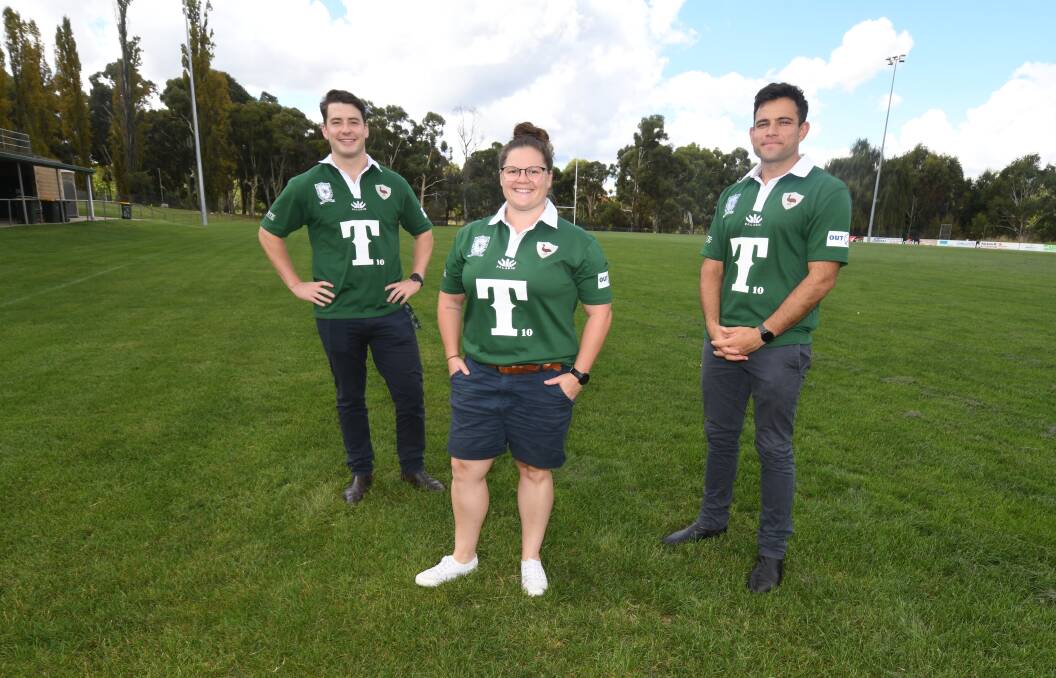 T10 READY: Orange Emus Rugby Club's men's captain, Harry Cummins with Emus' women's coach, Alex Walker and club president, Jamil Khalfan ready for big March 12 event this Saturday. Photo: JUDE KEOGH.