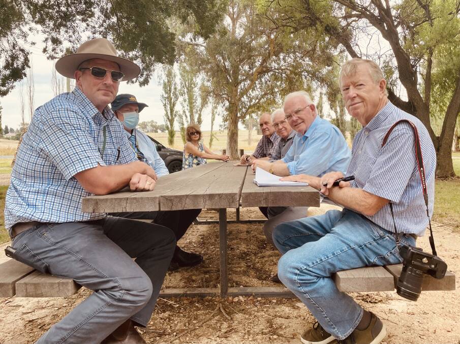 REPAIR PLANS: Cabonne Council's General Manager, Brad Byrnes and Department of Infrastructure deputy general manager, Matthew Christensen met with Old Fairbridgians Association members Wade Mahlo, Mike Georgeson, David and Dudley Hill. Photo: EMILY GOBOURG.