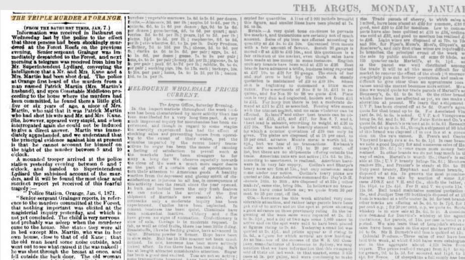 'The triple murder at Forest Reefs' article in The Argus via the Sydney Morning Herald published on Saturday, April 29, 1871. Picture from Trove.