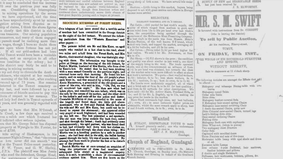 'Shocking murders at Forest Reefs' article in The Gundagai Times and Tumut, Adelong and Murrumbidgee District Advertiser published on Saturday, January 14, 1871. Picture from Trove.