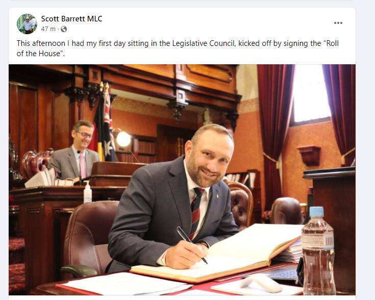 ROLL-UP: A post from Scott Barrett MLC's Facebook page on Tuesday afternoon, March 22, enjoying his first offical day in the Upper House. Photo: SCOTT BARRETT.