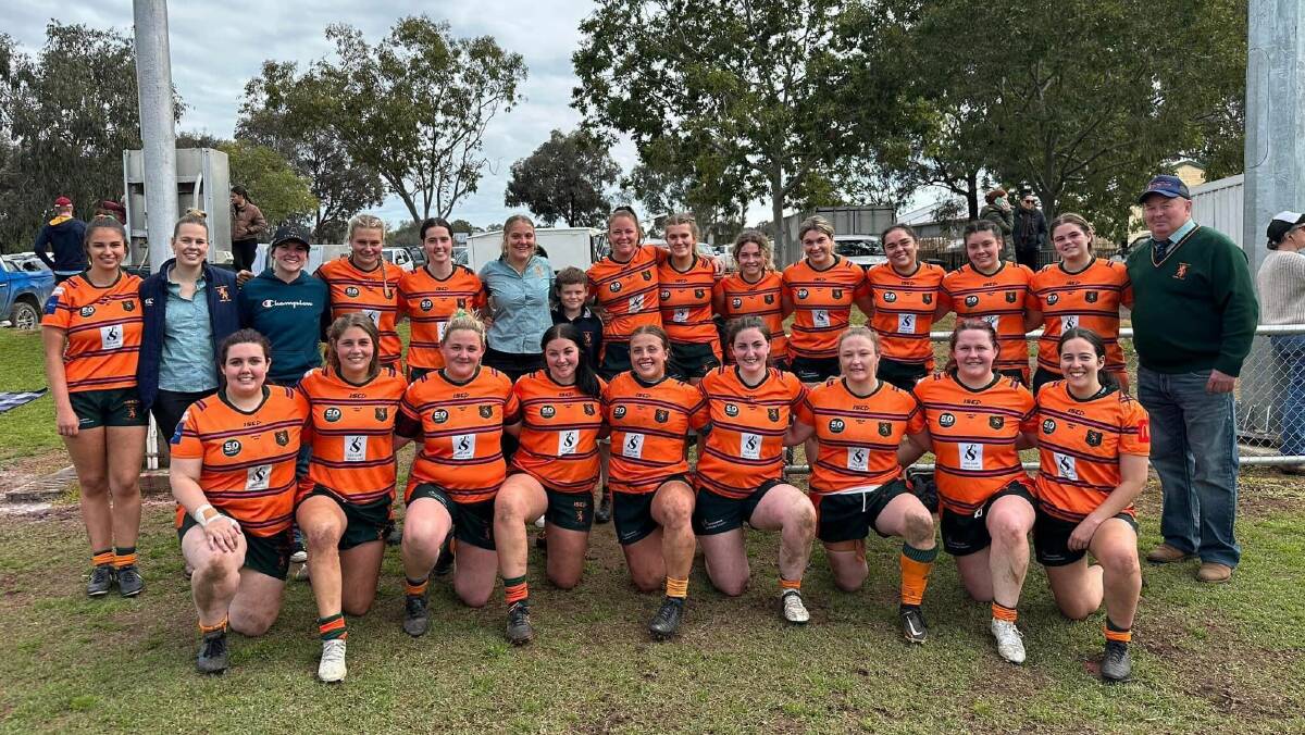 Orange City Lions women's first grade squad with coach Steve Hamson at the end of the 2023 season in the Westfund Ferguson Cup. Picture by Orange City Rugby.