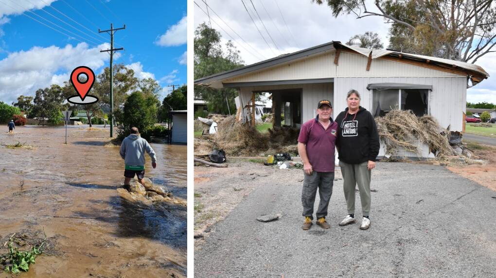 George Cross fights floodwater to reach his mother, Mavis Cross (pinned), on the other side of Aurora Street on November 14. George and Sue Cross in front of floating house on November 16, 2022 (right). Picture supplied (left) and Carla Freedman.