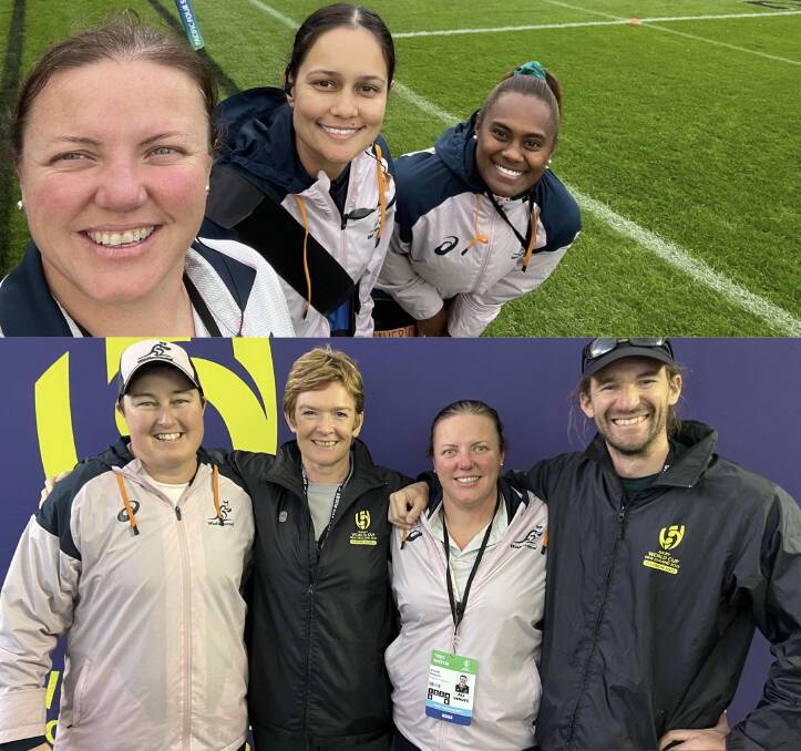 GLOBE-TROTTER: Amanda Ferguson with Wallaroos' physio, Chari Stewart with Wallaroos 2022 player, Ivania Wong (top) and former Emus' Alana Thomas with Fergo and World Rugby's Del Morgan-Coghlan and Roger Martin (base). CONTRIBUTED.