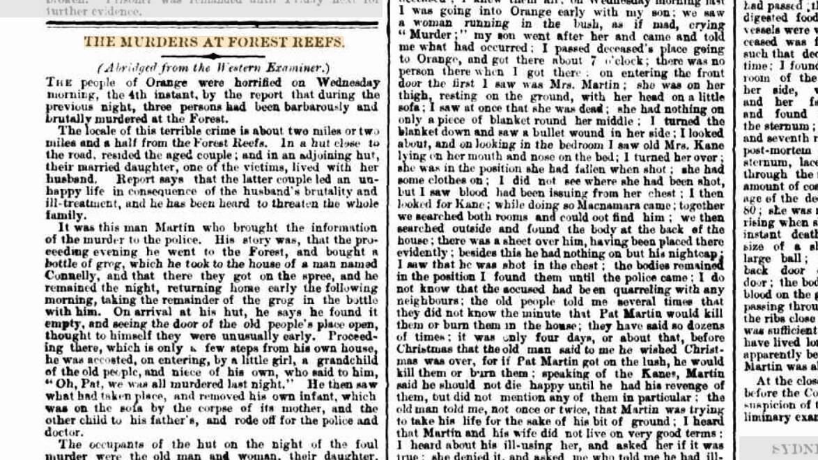 'The murders at Forest Reefs' article in the Sydney Morning Herald via the Western Examiner published on Tuesday, January 10, 1871. Picture from Trove.