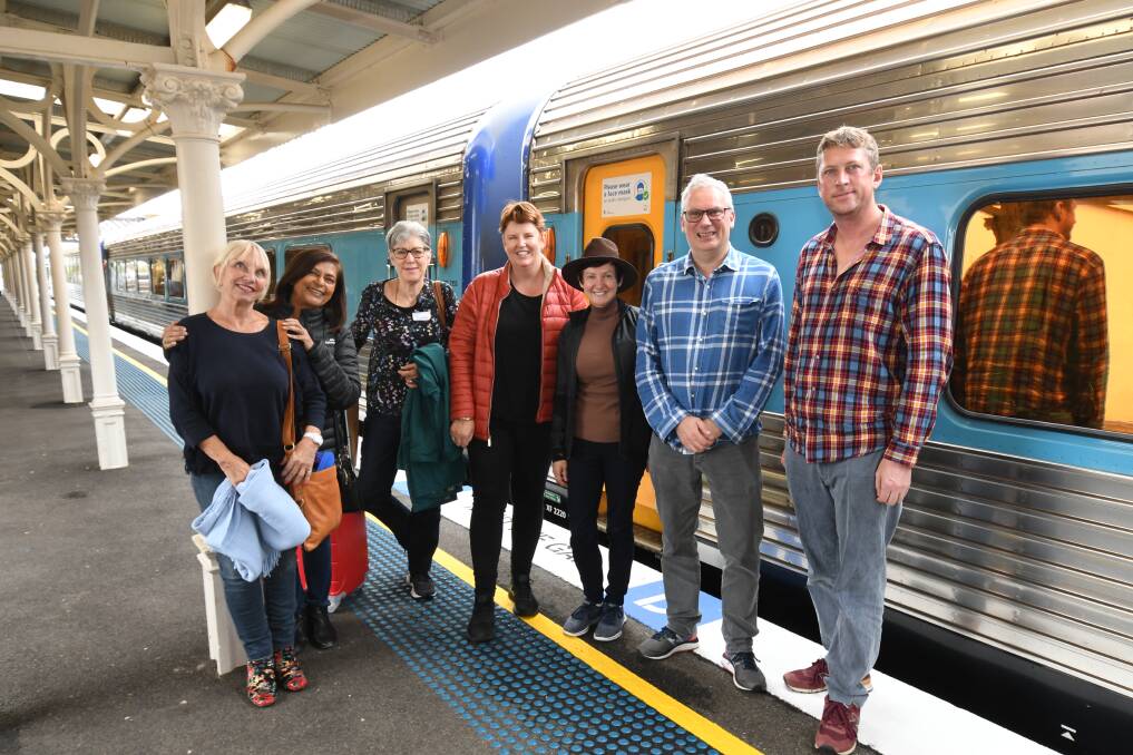 FOODIES: Guests arrive on Friday in Orange for the FOOD Train tour, bringing Sydney-siders Bronwyn Pierce, Renuka Patel, Jeanette Tiedt, Nicole Farrell, Cathy McBride, Andrew Clarke and Mark Hrynczak. Photo: JUDE KEOGH.