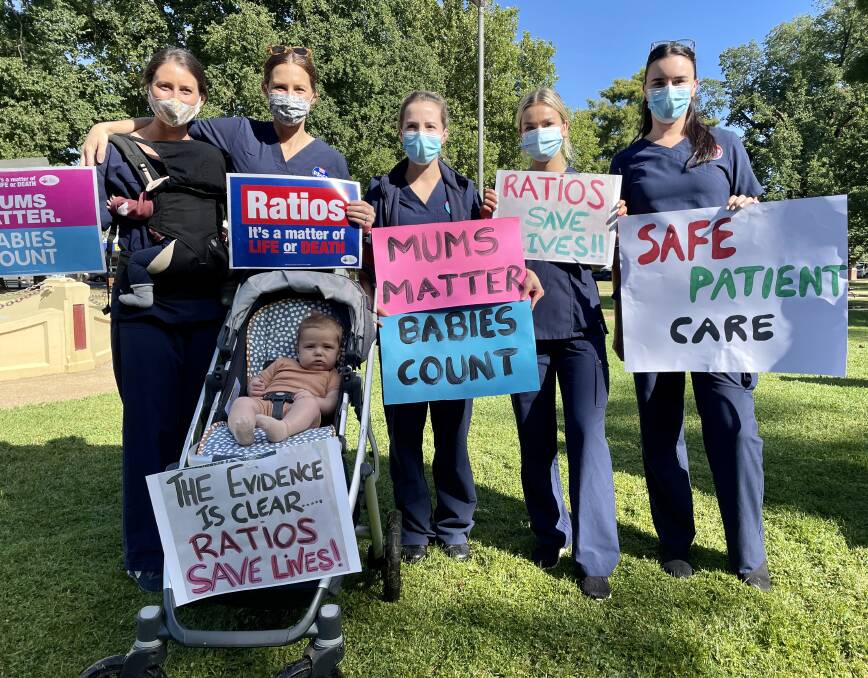 STRIKING: Orange-based nurses Millie Albion, Kayla Henley, Ellen Sainty, Lucy Beach and Emma Curtin joined the statewide nurses strike on Tuesday morning. Photo: EMILY GOBOURG.