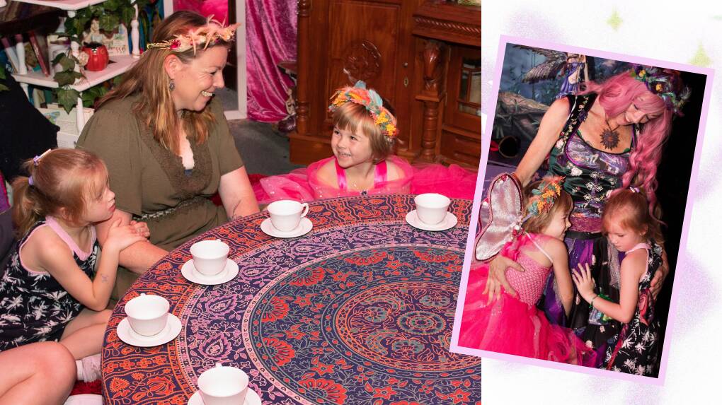 Manny's sister Audrey and mum Marie drink fairy tea with Savannah aka Manny at The Magical Land in Kuranda (left), with Manny and Audrey embracing Fairy Jenny Lane (right). Pictures supplied.