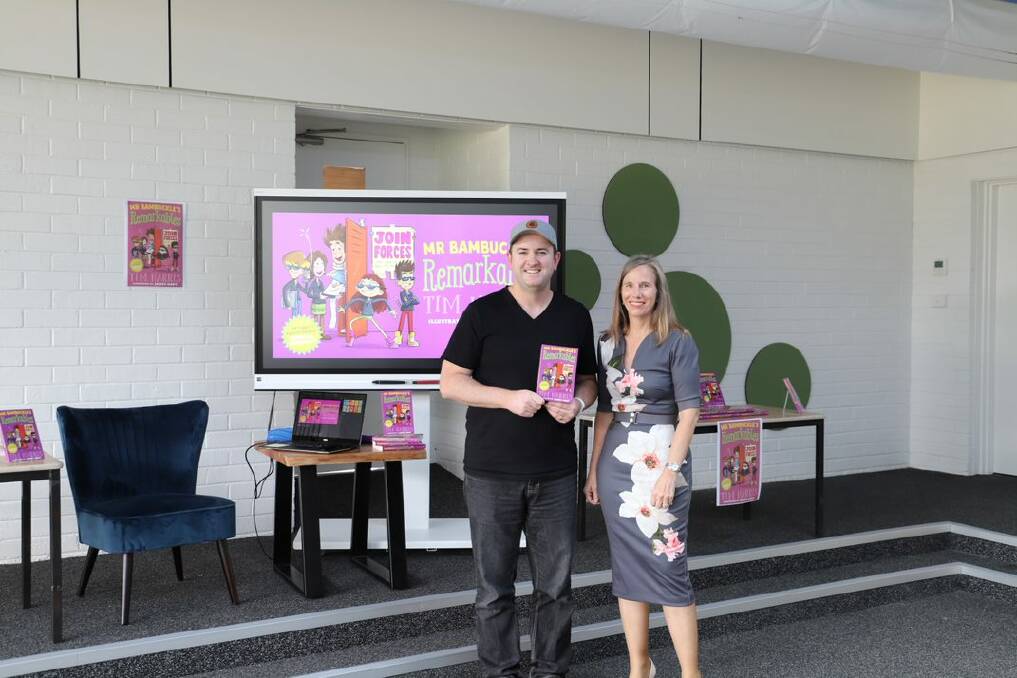 LAUNCH TIME: Children's author, Tim Harris with Head of Kinross Wolaroi Junior School's Denise Hayward on Tuesday, March 1. Photo: CONTRIBUTED.