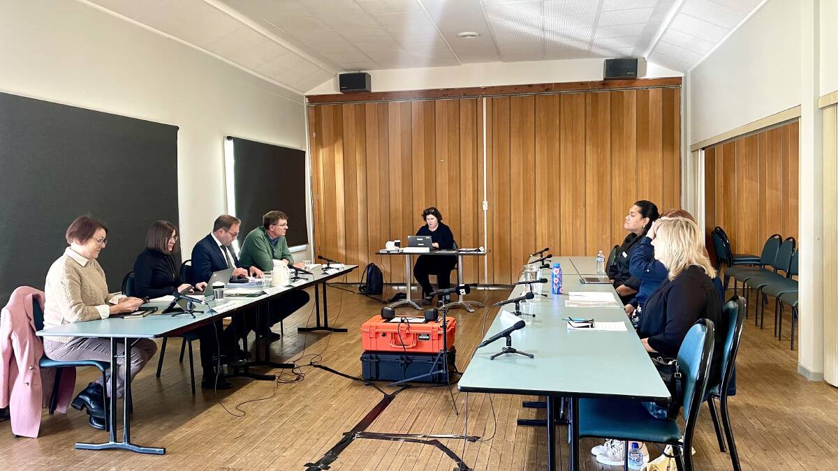 MP Susan Templeton with inquiry secretary, Dee Oxley and MPs Dr Daniel Mulino and Andrew Gee in Eugowra on May 8 for the public hearing on insurance claims. Picture by Emily Gobourg.