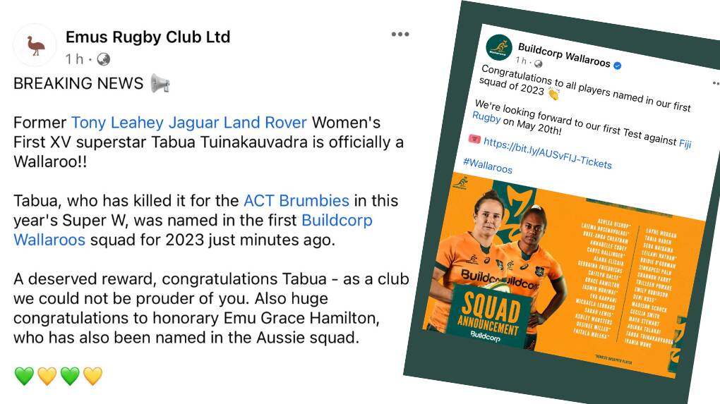 Orange's Emus Rugby Club saluted its former player Tabua Tuinakauvadra on social media within minutes of her 2023 Wallaroos announcement. Pictures from Facebook.