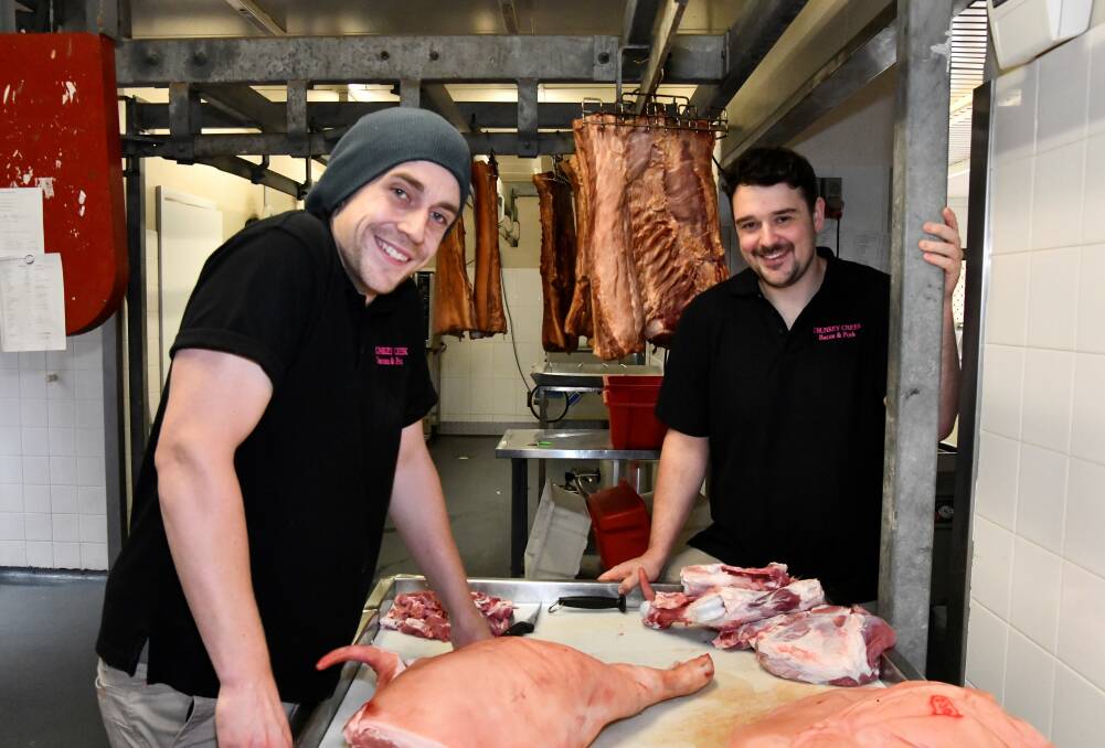 Trunkey Bacon & Pork butchers, Orange best mates Felix Bishop and Aidan Mason are about to chop into business together. Picture by Carla Freedman.