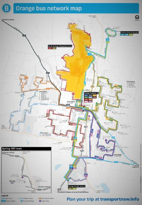 The new Orange bus network has no services travelling through the area highlighted in yellow, between Burrendong Way and Anson Street.