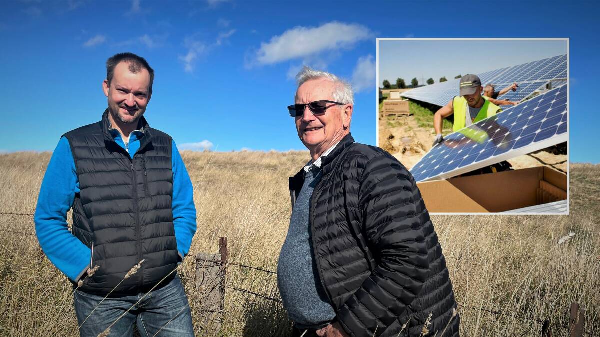 Energy Democracy Central West NSW Co-operative board members Granton Smith (left) and Dave Manning (right), at the the Orange Community Renewable Energy Park solar farm site off the Mitchell Highway. PHOTO CENTRAL WESTERN DAILY.
