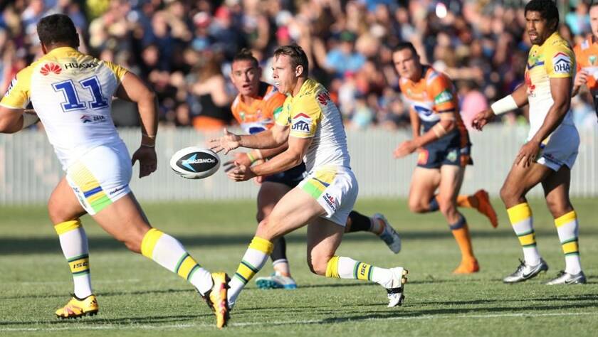 The Canberra Raiders' Sam Williams passes against the Newcastle Knights at Wade Park, Orange in a 2016 trial game. A competition match has never been played in town. Picture by Phil Blatch.