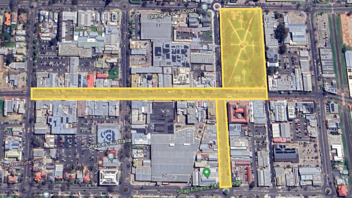 The areas covered by the "hybrid" Telstra-based plan: Orange CBD on Summer Street, Robertson Park, and Lords Place South. 