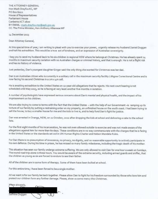 Daniel Duggan letter to AG Mark Dreyfus. Picture supplied 