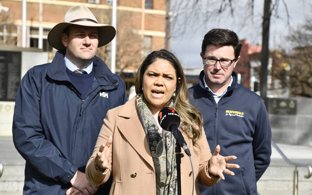 Nationals' MCL Sam Farraway, Shadow Minister for Indigenous Australians Jacinta Nampijinpa Price, and National Party leader David Littleproud at Robertson Park. Picture by Jude Keogh

