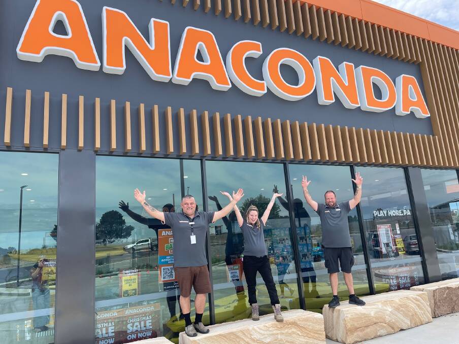 Anaconda NSW North West regional manager Aaron Zarb, team leader Tegan Perry and store manager Stephen Betts ahead of the grand opening of the Bathurst store. Picture by Alise McIntosh
