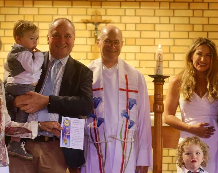 Barnaby Joyce with partner Vikki Campion and their sons Thomas and Sebastian at Thomas' christening in Bendemeer NSW in April 2021. Picture supplied