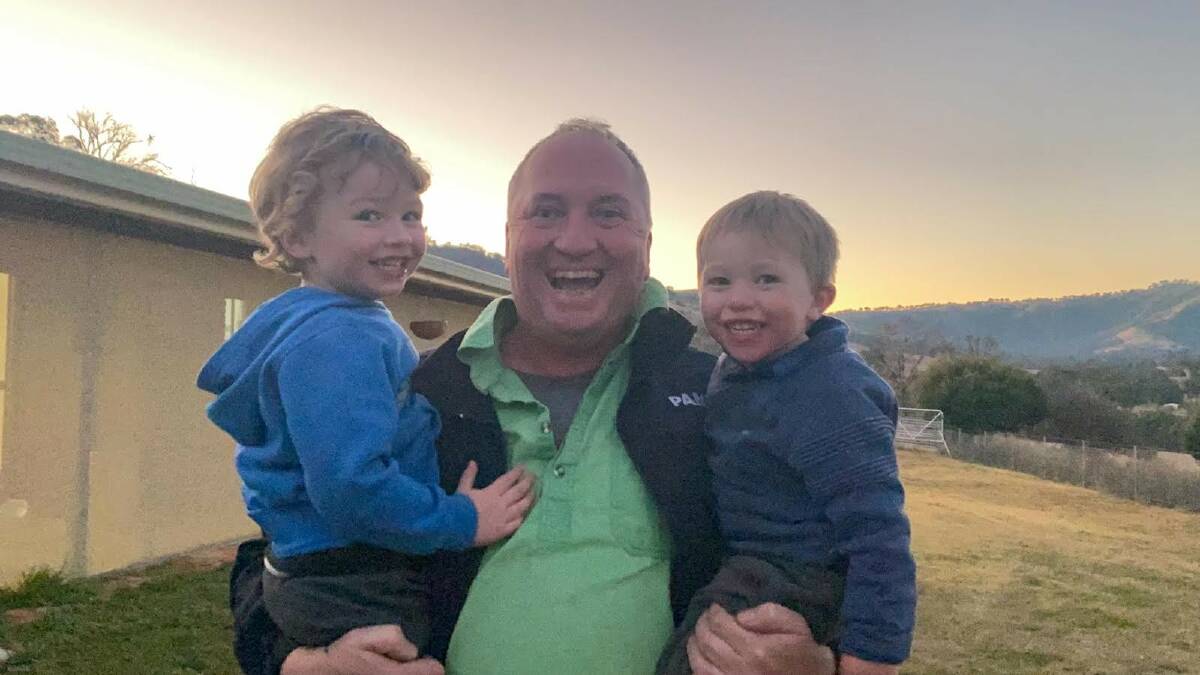 Barnaby Joyce with his sons Sebastian and Thomas at their home near Woolbrook NSW in July 2021. Picture supplied
