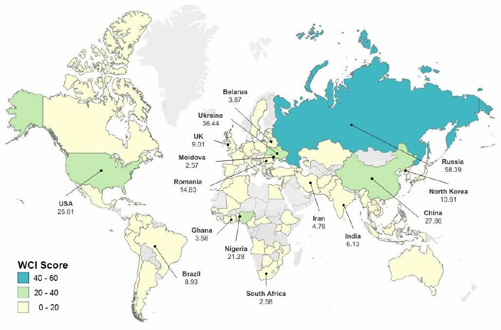 Map of the World Cybercrime Index by UNSW and University of Oxford researchers. Picture supplied