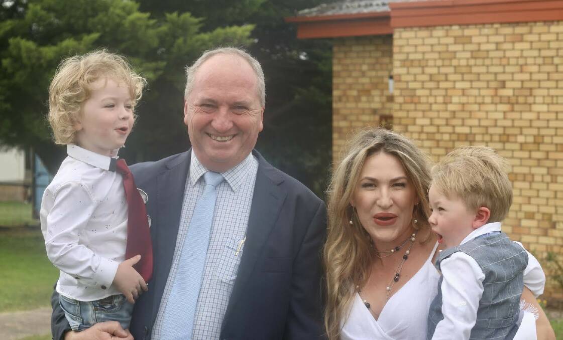 Barnaby Joyce with Vikki Campion and their sons Thomas and Sebastian at Thomass christening in Bendemeer NSW in April 2021 Picture supplied
