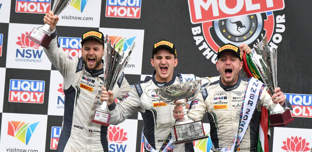 SUCCESS: Maxime Soulet, Jules Gounon and Jordan Pepper celebrate their win in the Bathurst 12 Hour on Sunday. Photo: CHRIS SEABROOK 