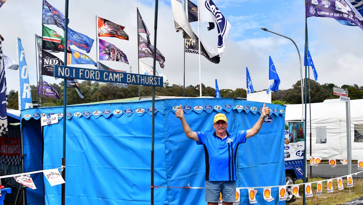 RACE LOVER: Ford fan and Penrith local Tony Hawton outside his campsite at Mount Panorama. Photo: BRADLEY JURD