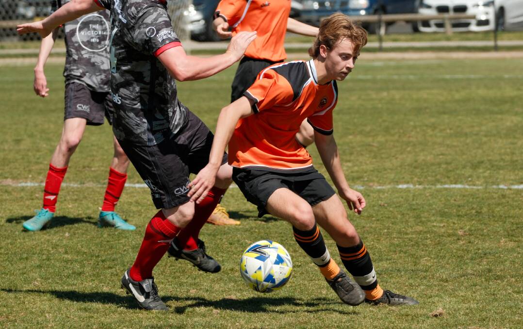 Lucas McKenzie was on the ball for Macquarie United in last year's Bathurst District Football men's second grade grand final at Proctor Park. He made the switch to Panorama for the 2024 season. Picture by James Arrow