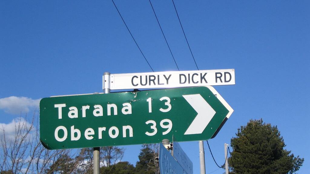 A Sign of Humour: Curly Dick Road at Meadow Flat still raises eyebrows.