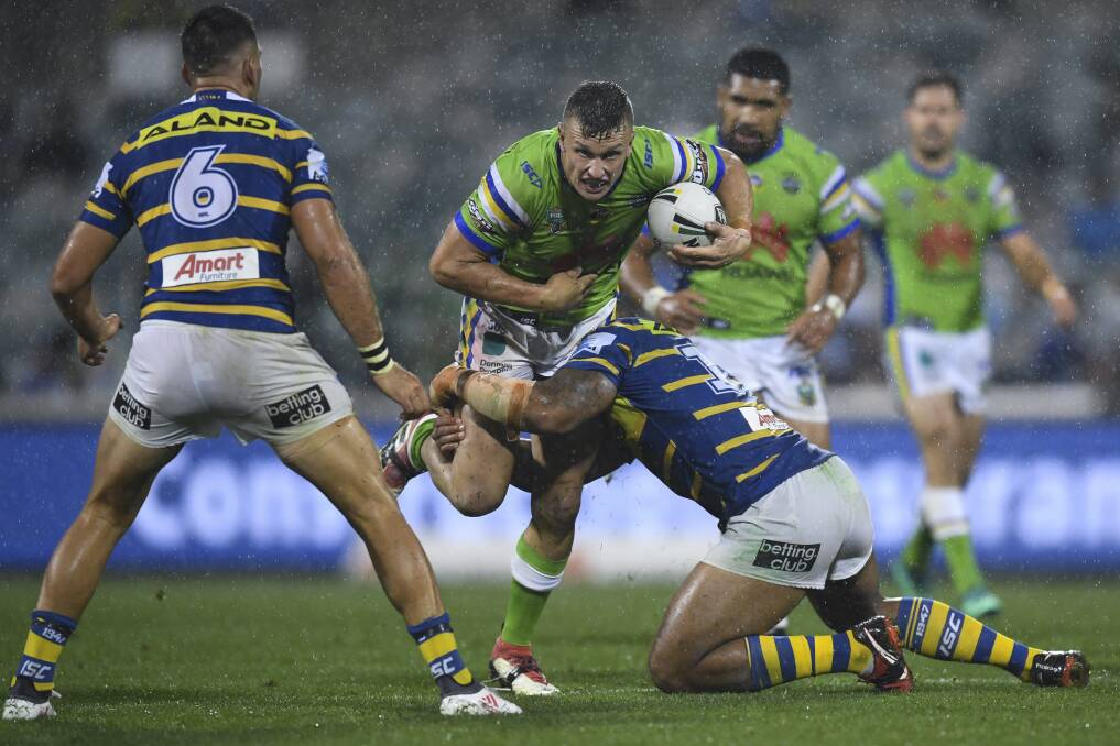 FORGING AHEAD: Canberra Raiders fullback Jack Wighton playing against the Parramatta Eels on April 14. The former Orange CYMS and Bloomfield Tigers junior will face assault charges next month. Photo: AAP
