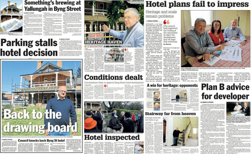 LONG-RUNNING SAGA: Clippings on the Byng Street hotel development from lodgement to court action.