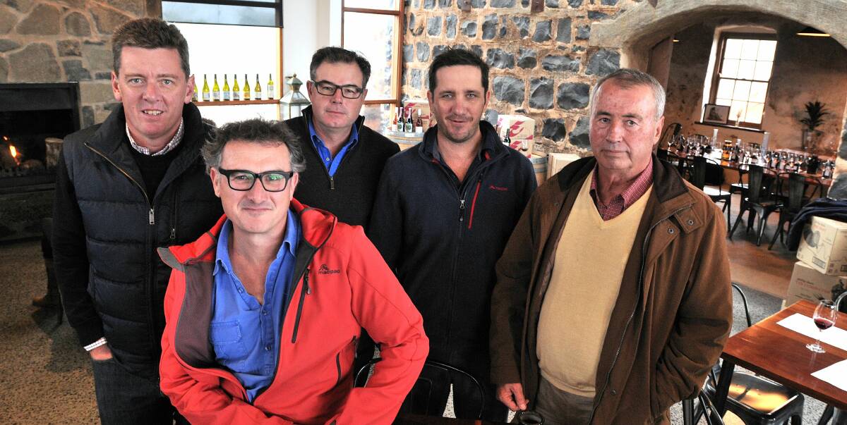 PLEASE LISTEN: Orange vignerons and winemakers Damian Shaw (front), James Robson, Ben Crossing, Tom Ward and Jim Swift are urging the government to listen to their concerns. Photo: STEVE GOSCH 0620producers