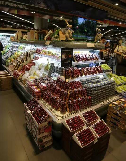 READY FOR SALE: NSW-grown cherries on the shelf in the supermarket in Guangzhou. Photo: SUPPLIED