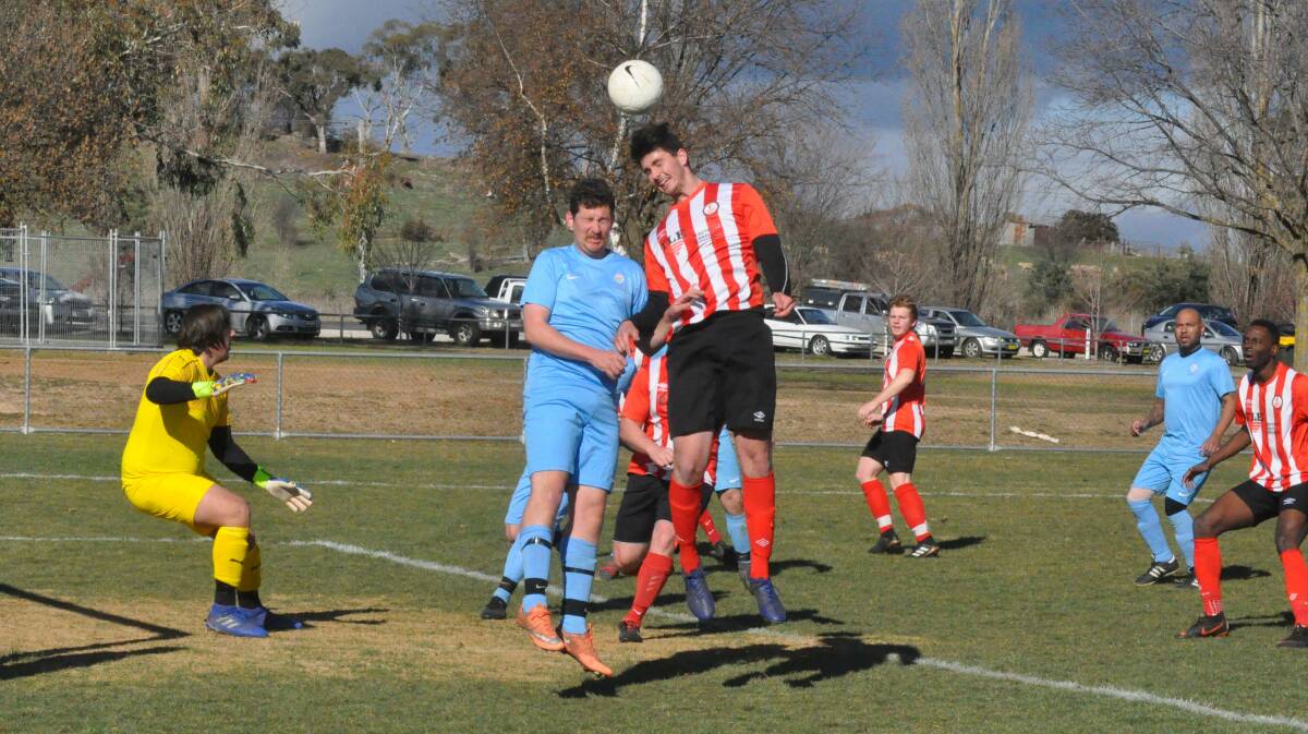 THE AIR UP THERE: Barnstoneworth United and Waratahs United clashed on the weekend. Photo: SUPPLIED