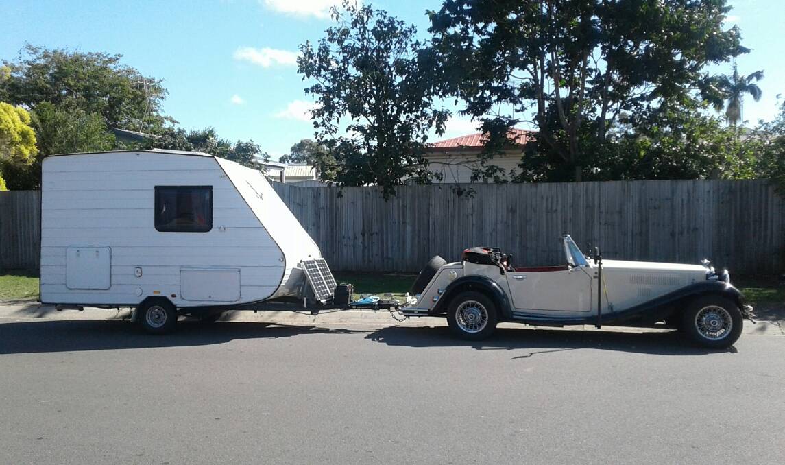 STRIKING PAIR: Victorian man Tony Dawson and his wife brought their 2001 JBA Falcon tourer and home-made caravan to Yeoval. Photo: CONTRIBUTED