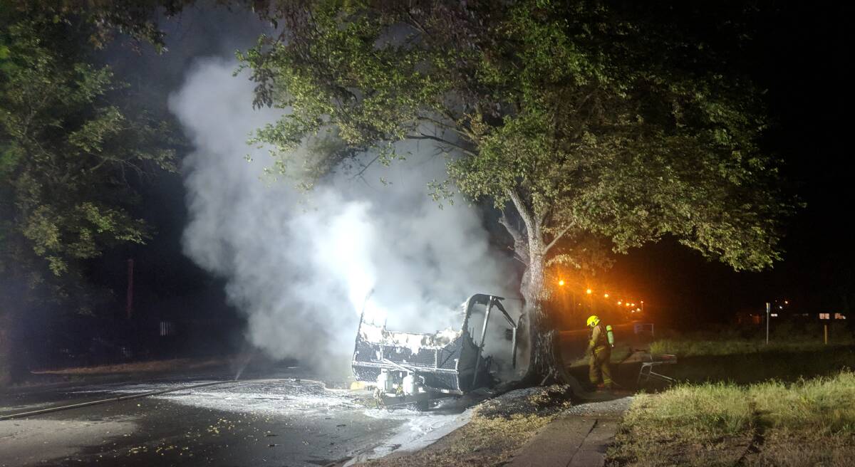UP IN SMOKE: A caravan was destroyed by fire in McLachlan Street on Monday. Photo: ASHLEA PRITCHARD
