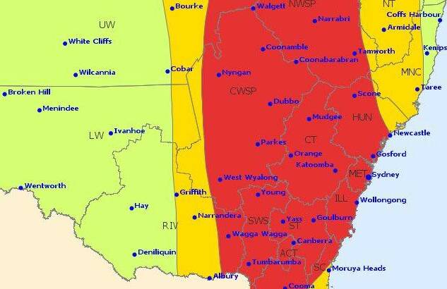 IN THE EYE OF THE STORM: Orange and other Central West centres in the red - or 'severe thunderstorms likely' zone. Image: BUREUA OF METEOROLOGY