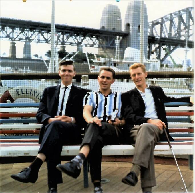 HEADING BACK: Tony Stanton, Ian Howell and Ron Sinclair at Sydney Harbour before they returned to England for the first time in 1965. Photo: SUPPLIED