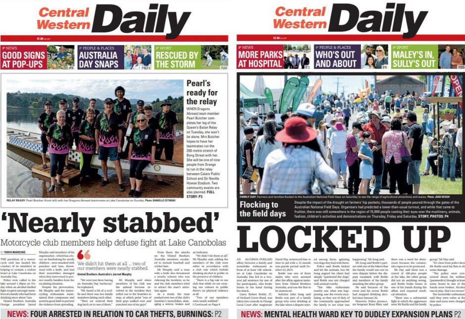 The Central Western Daily's front pages on Monday, January 29 (left) and Monday, October 29.