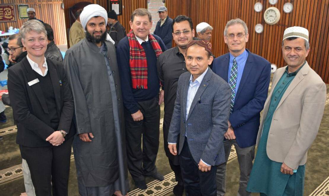 UNITED: Orange City councillor Joanne McRae, Sulaiman Siddiqui, mayor Reg Kidd, Rashid Walayat, Khalid Tufail, Cr Stephen Nugent and Muhammad Aamer at the mosque in Orange in August last year. Photo: SUPPLIED