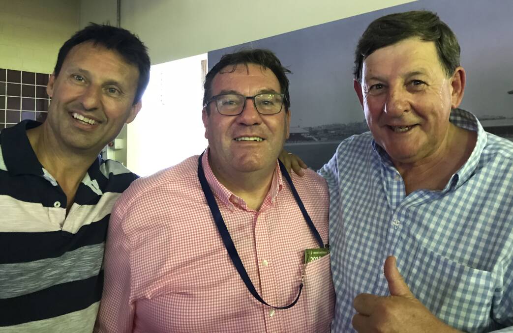 THREE'S A CROWD: Former rugby league star Laurie Daley, sports broadcaster David Morrow and mayor Reg Kidd at the Sydney cricket Test. Photo: SUPPLIED