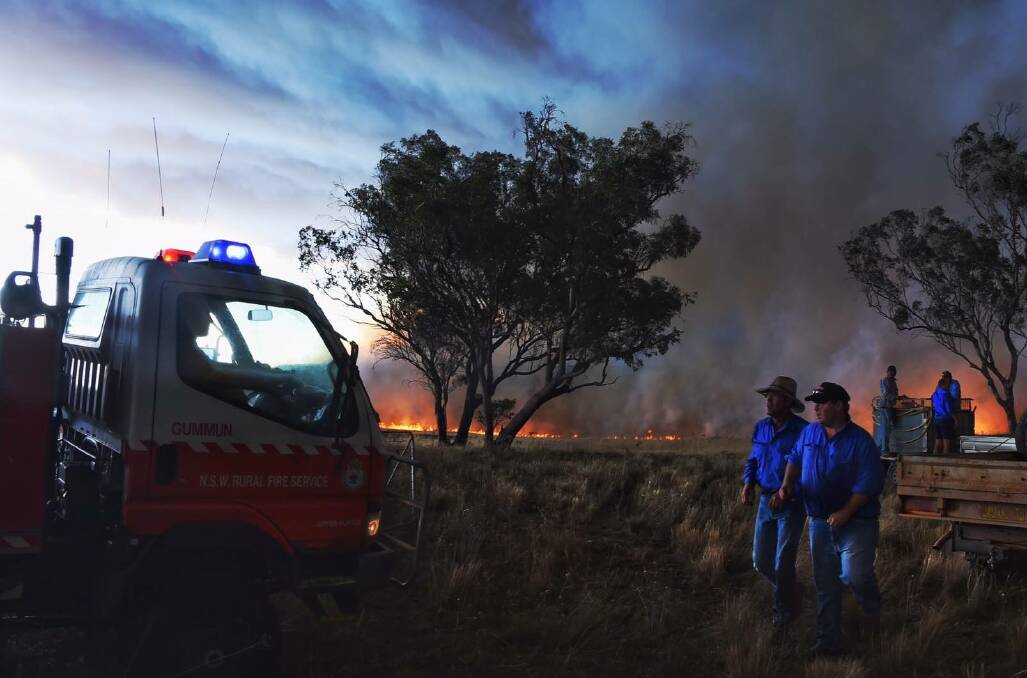 THE FRONT LINE: RFS crews and local residents ready themselves for the onslaught near Dunedoo on Monday. Photo: NICK MOIR